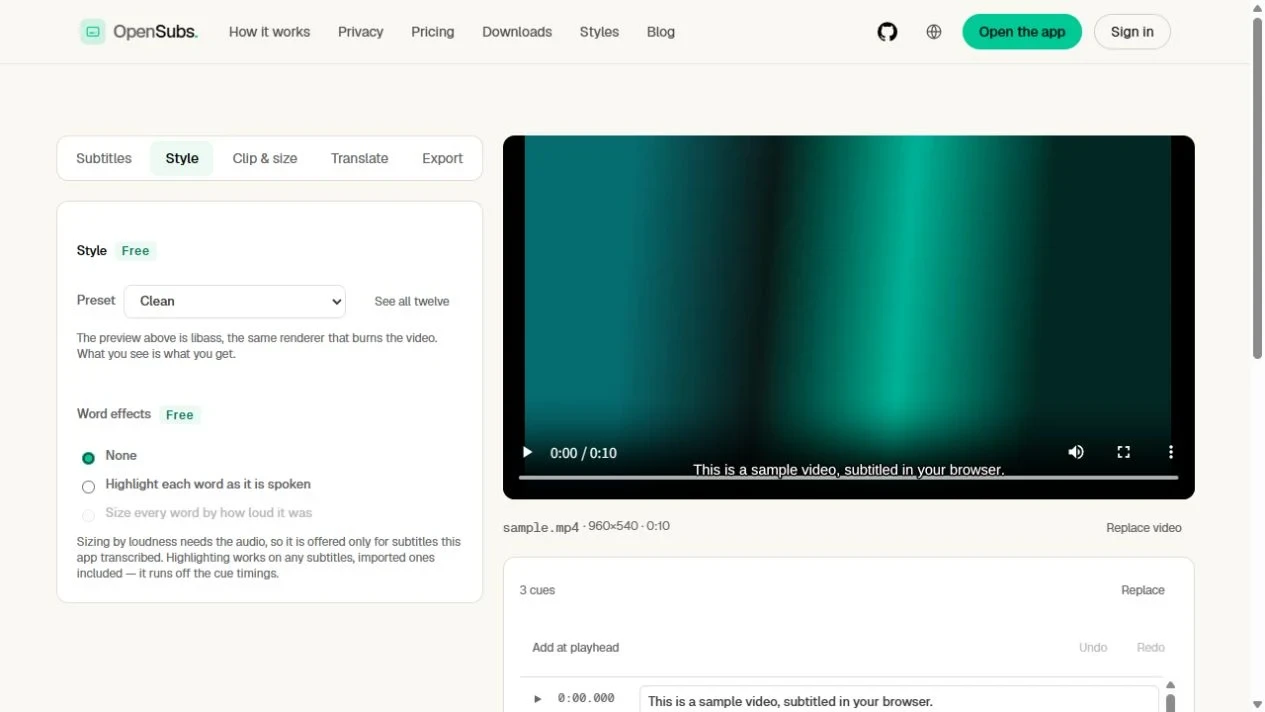OpenSubs 官方网页示例的字幕样式与编辑界面