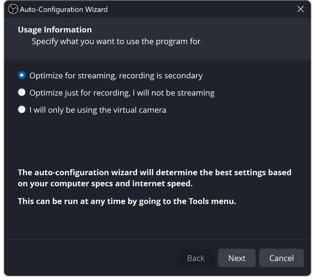OBS 首次录制前如何设置画面和声音：The Auto-Configuration Wizard window