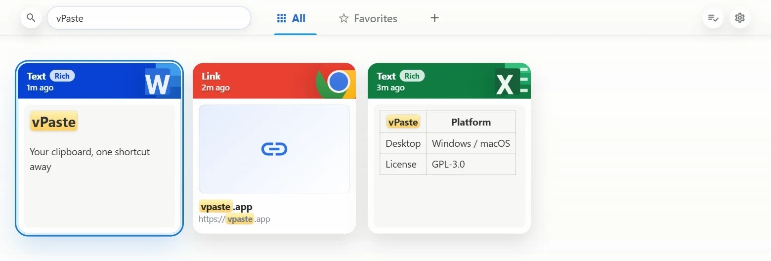 vPaste 官网展示的搜索结果与剪贴板卡片