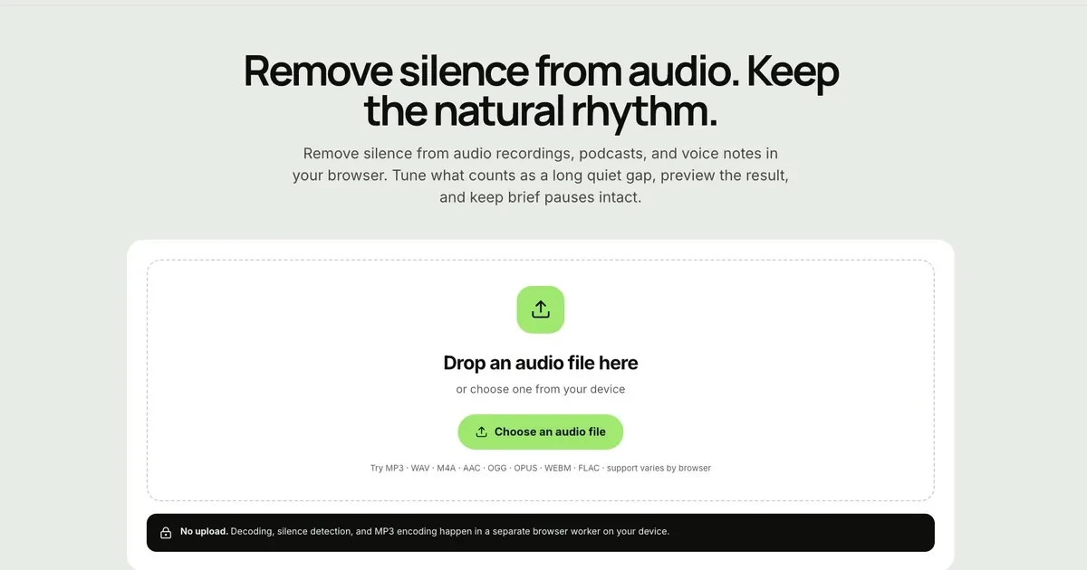 Silence Remover 官网提供的文件选择与本地处理界面